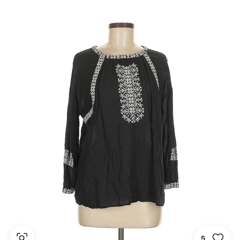 Lucky Brand Black Boho Embroidered Peasant Women's Top